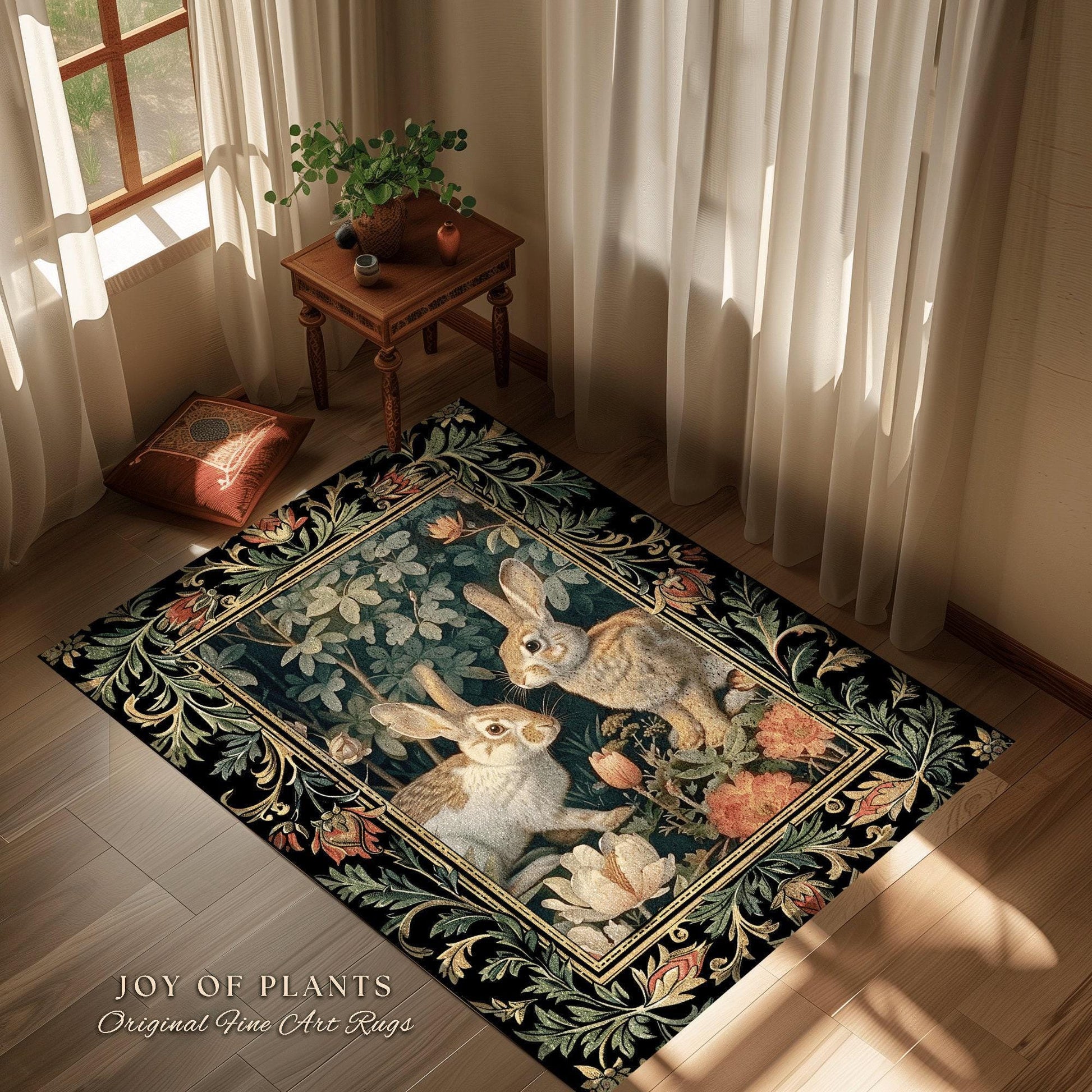 Botanical Bedroom Decor Round Rabbit Rug Morris Inspired Cottagecore Room Light Academia Style Forestcore | Cottagecore Bunnies Floral Rug