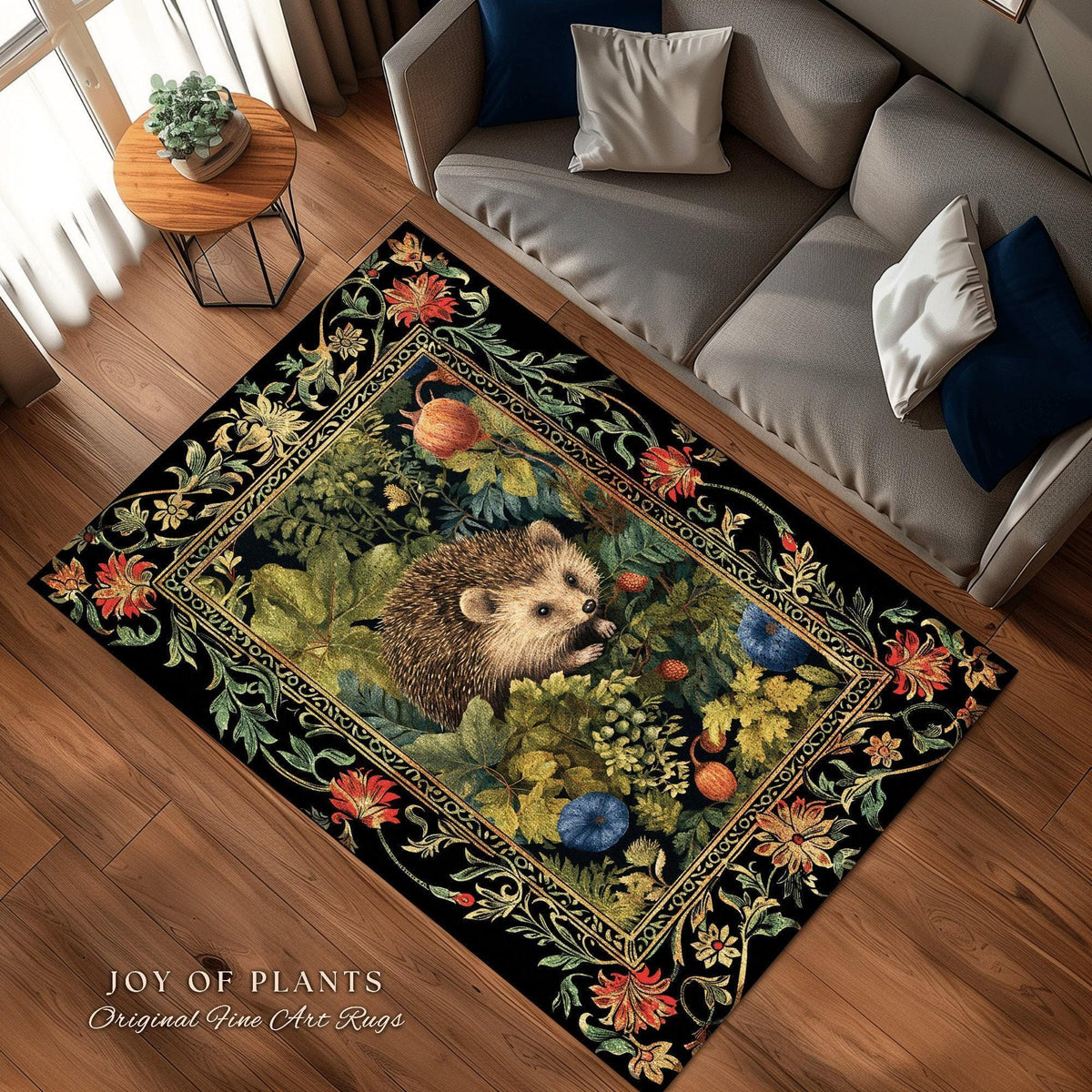 Forestcore Hedgehog Botanical Rug Woodland Gothic Decor | Dark Botanical Cottagecore Nature Lover Gift Rustic Fall Decor Forest Animal Rug