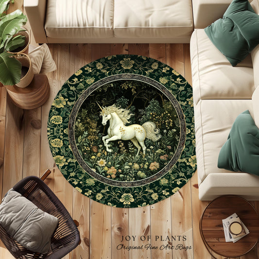 Earthy Ethereal Unicorn Bedroom Rug | Whimsical Nature Fairytale Magic Medieval Accent Rug Woodland Aesthetic Storybook Nostalgic Decor |