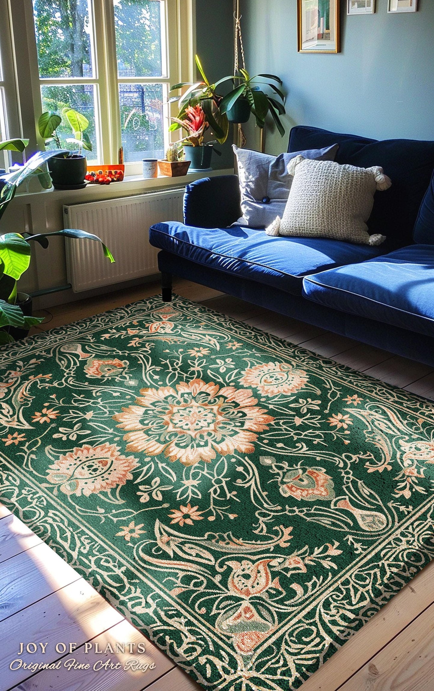 Statement Rug for Living Room | Emerald Green Aesthetic Maximalist Room Decor Classic Ornate Victorian Rug Nordic Accent for Elegant Bedroom