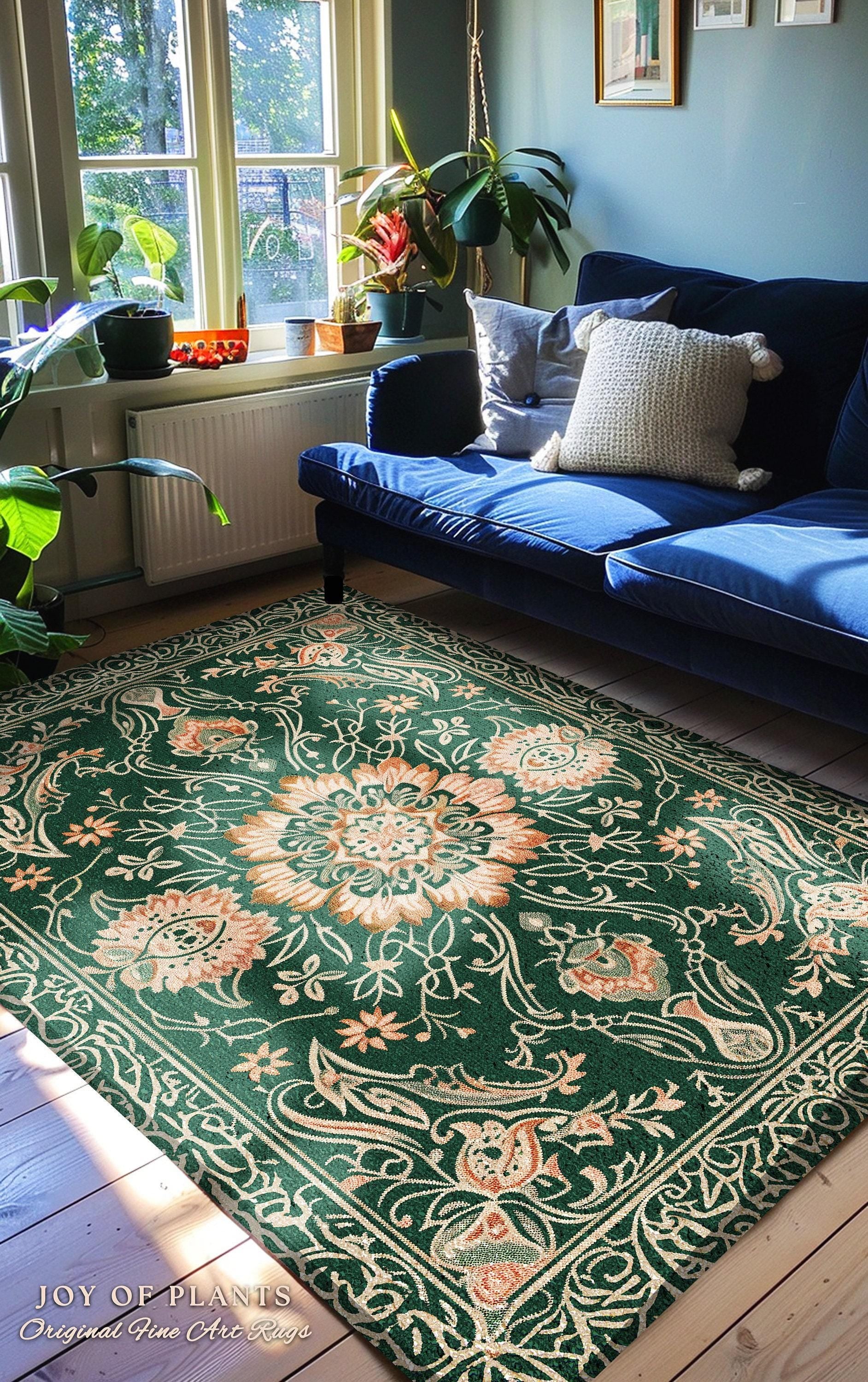Statement Rug for Living Room | Emerald Green Aesthetic Maximalist Room Decor Classic Ornate Victorian Rug Nordic Accent for Elegant Bedroom