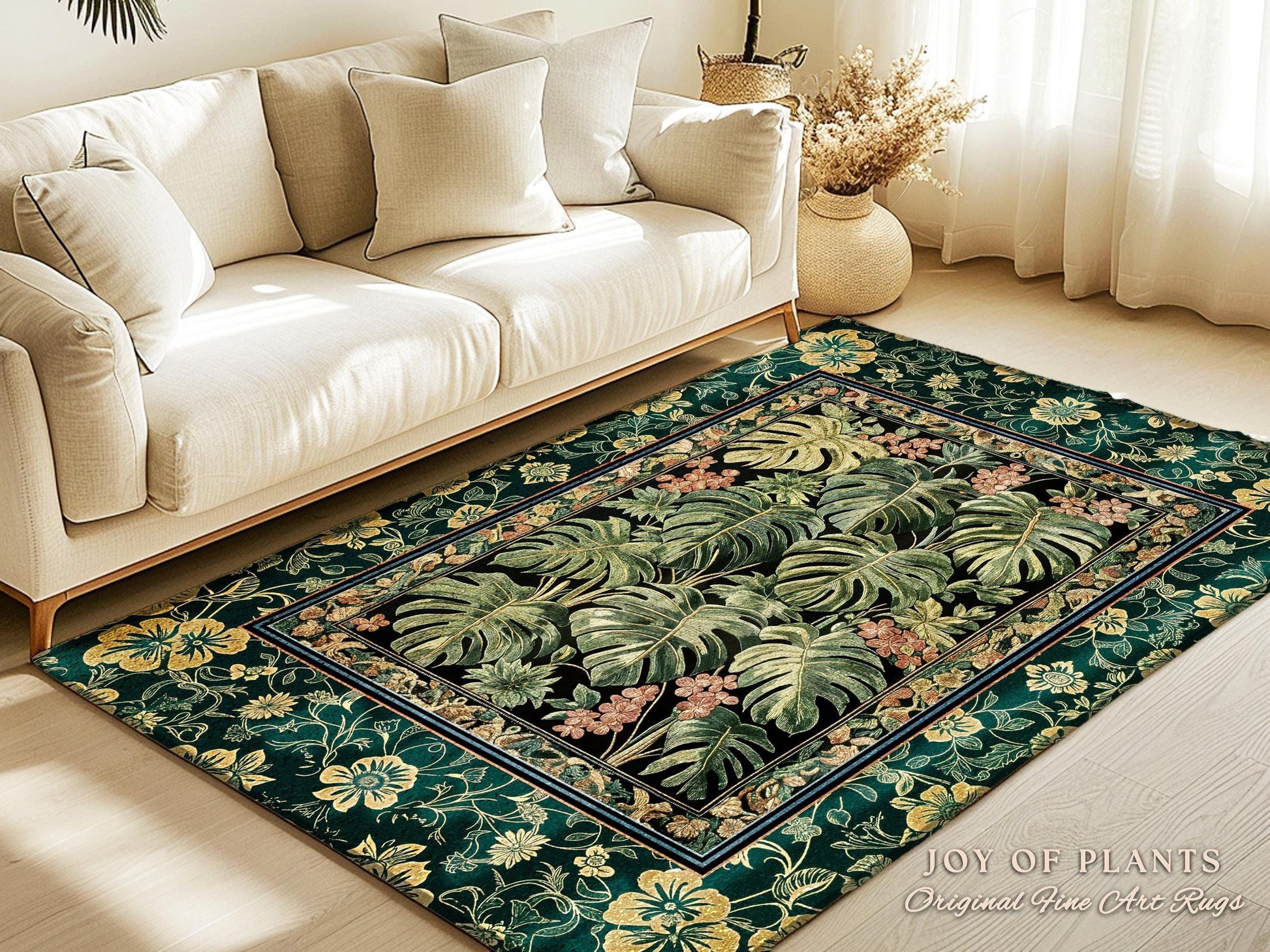 Emerald Elegance Jungle Accent Rug | Botanical Aesthetic Monstera Deliciosa Greenhouse Statement Rug Tropical Plants Green Moody Jungle Vibe