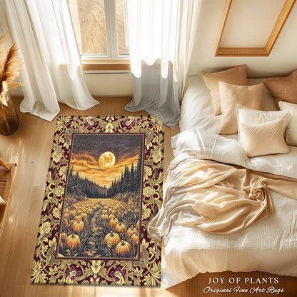 Autumn Night Sky Rustic Fall Rug | Cozy Spooky Pumpkin Vibes Midnight Landscape Decor Whimsigoth Aesthetics Dark Academia Accent Rug Witchy
