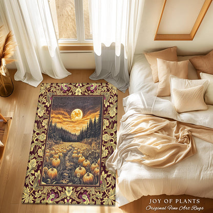 Autumn Night Sky Rustic Fall Rug | Cozy Spooky Pumpkin Vibes Midnight Landscape Decor Whimsigoth Aesthetics Dark Academia Accent Rug Witchy