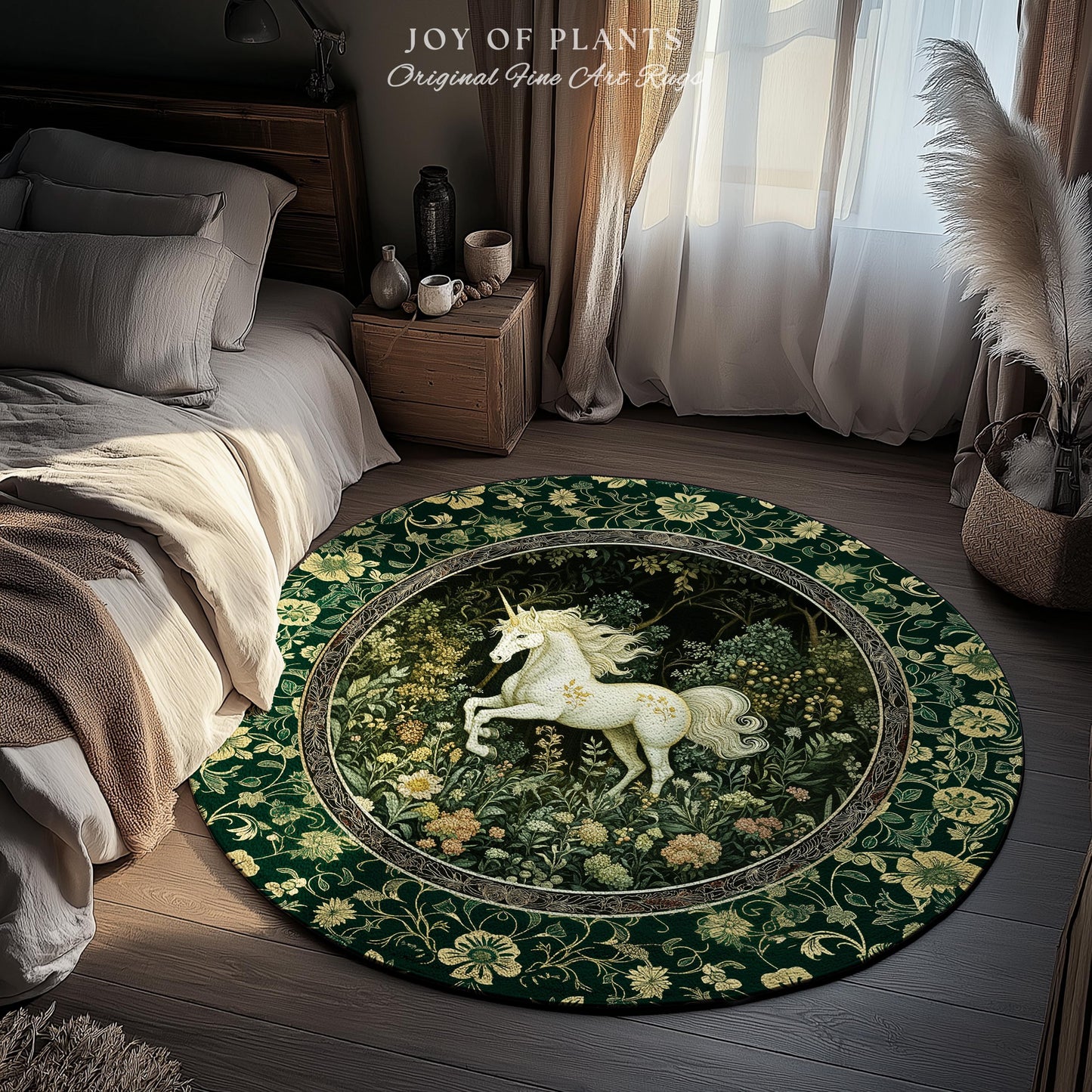 Earthy Ethereal Unicorn Bedroom Rug | Whimsical Nature Fairytale Magic Medieval Accent Rug Woodland Aesthetic Storybook Nostalgic Decor |
