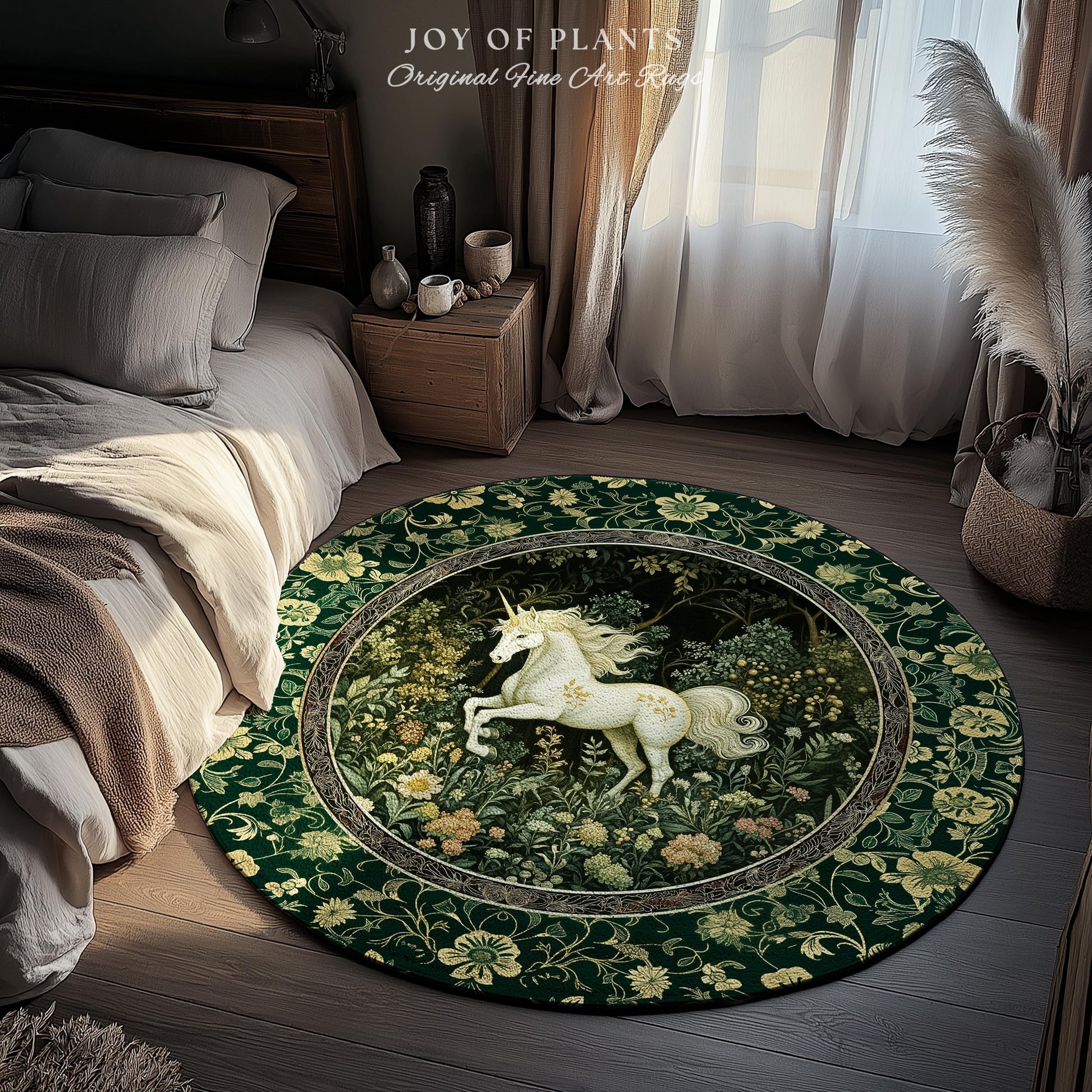 Earthy Ethereal Unicorn Bedroom Rug | Whimsical Nature Fairytale Magic Medieval Accent Rug Woodland Aesthetic Storybook Nostalgic Decor |