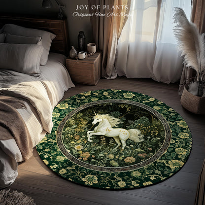 Earthy Ethereal Unicorn Bedroom Rug | Whimsical Nature Fairytale Magic Medieval Accent Rug Woodland Aesthetic Storybook Nostalgic Decor |