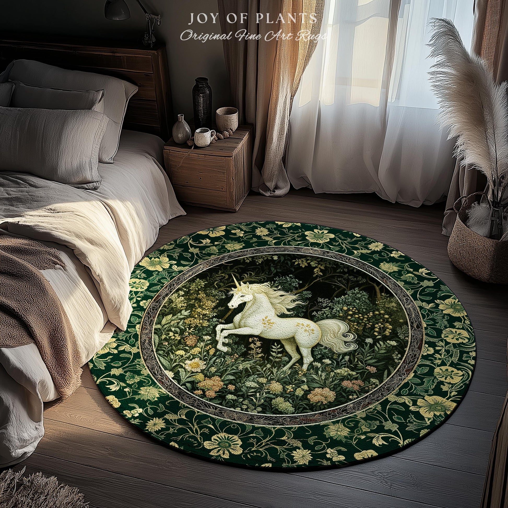Earthy Ethereal Unicorn Bedroom Rug | Whimsical Nature Fairytale Magic Medieval Accent Rug Woodland Aesthetic Storybook Nostalgic Decor |