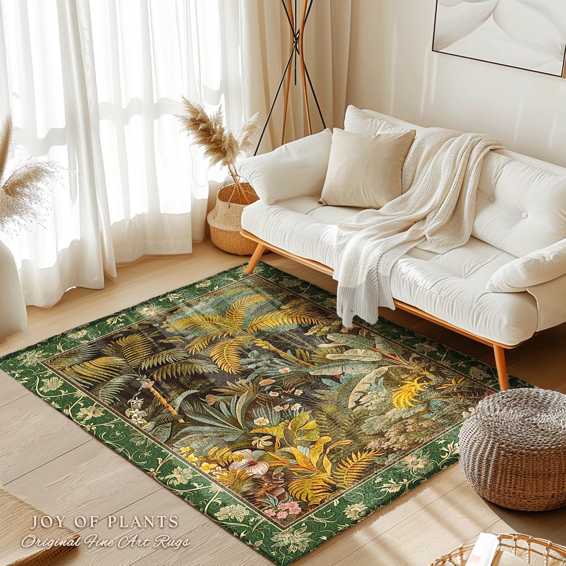 May include: A green and yellow area rug with a tropical plant design. The rug has a dark green border with a floral pattern. The rug is on a wooden floor in a living room setting.