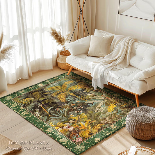 May include: A green and yellow area rug with a tropical plant design. The rug has a dark green border with a floral pattern. The rug is on a wooden floor in a living room setting.