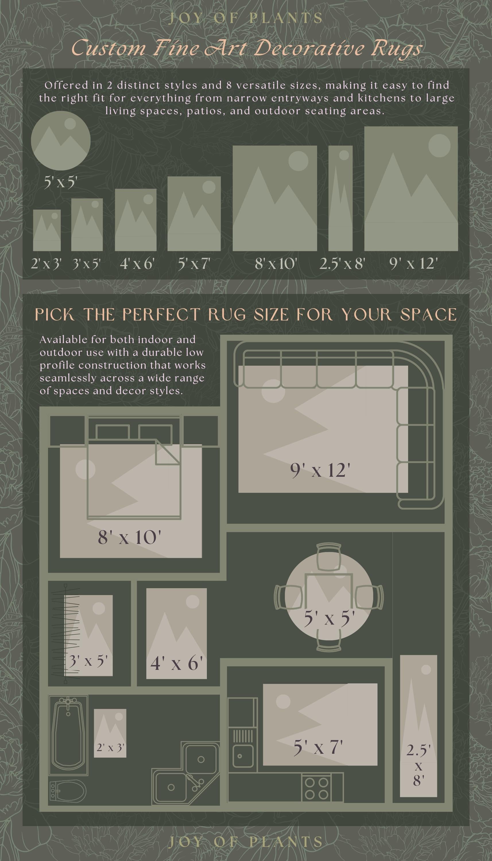 The image is a detailed guide to custom fine art decorative rugs, providing various rug sizes and styles for different living spaces, such as indoor and outdoor areas.