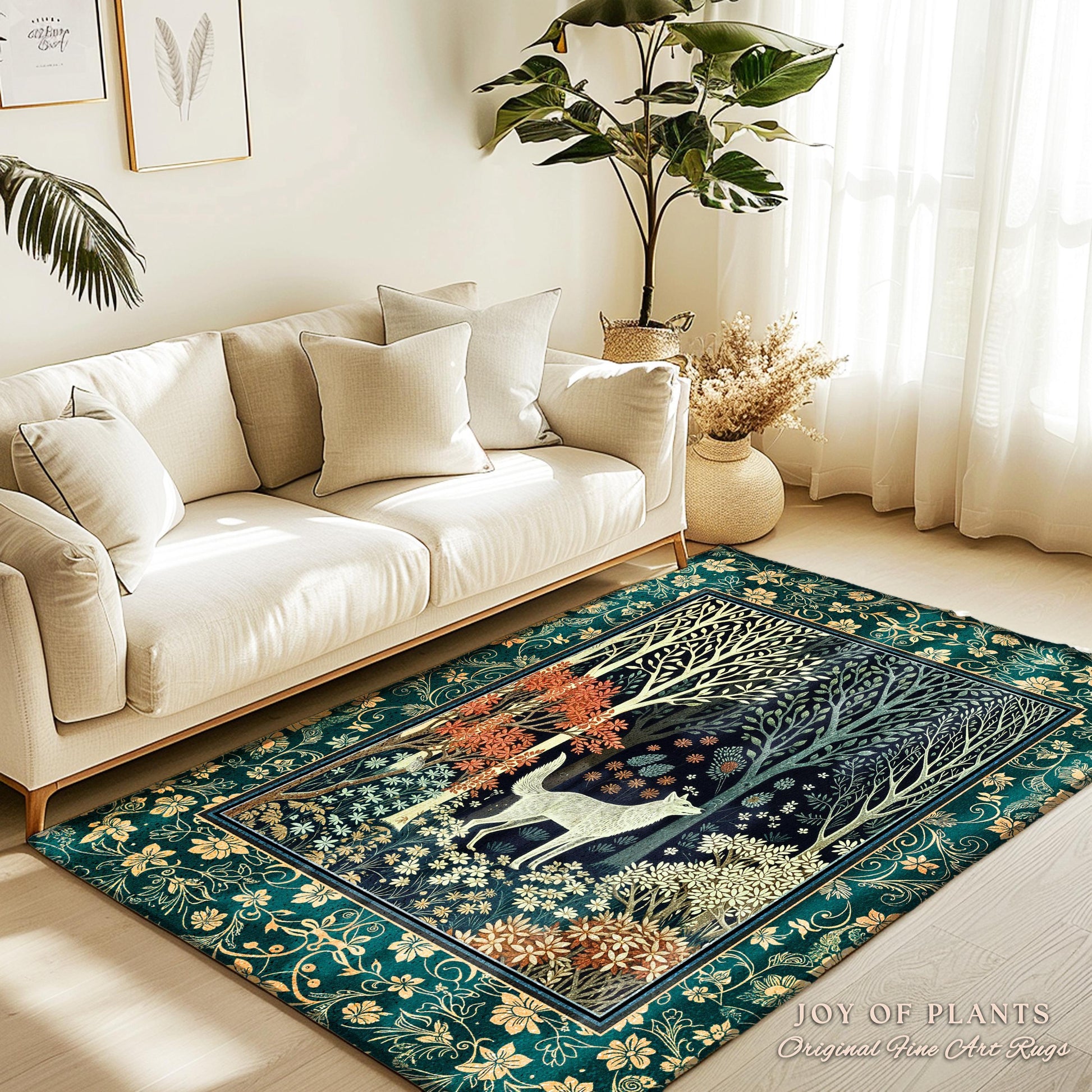 Rustic Nordic Nature Wolf Rug | Colorful Folklore Home Accent Rug Cottagecore Aesthetic Cute Boho Nursery Pastel Whimsical Woodland Decor |