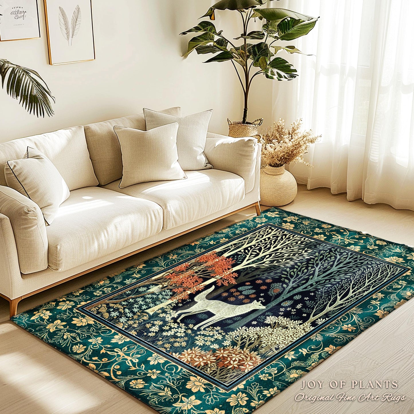 Rustic Nordic Nature Wolf Rug | Colorful Folklore Home Accent Rug Cottagecore Aesthetic Cute Boho Nursery Pastel Whimsical Woodland Decor |