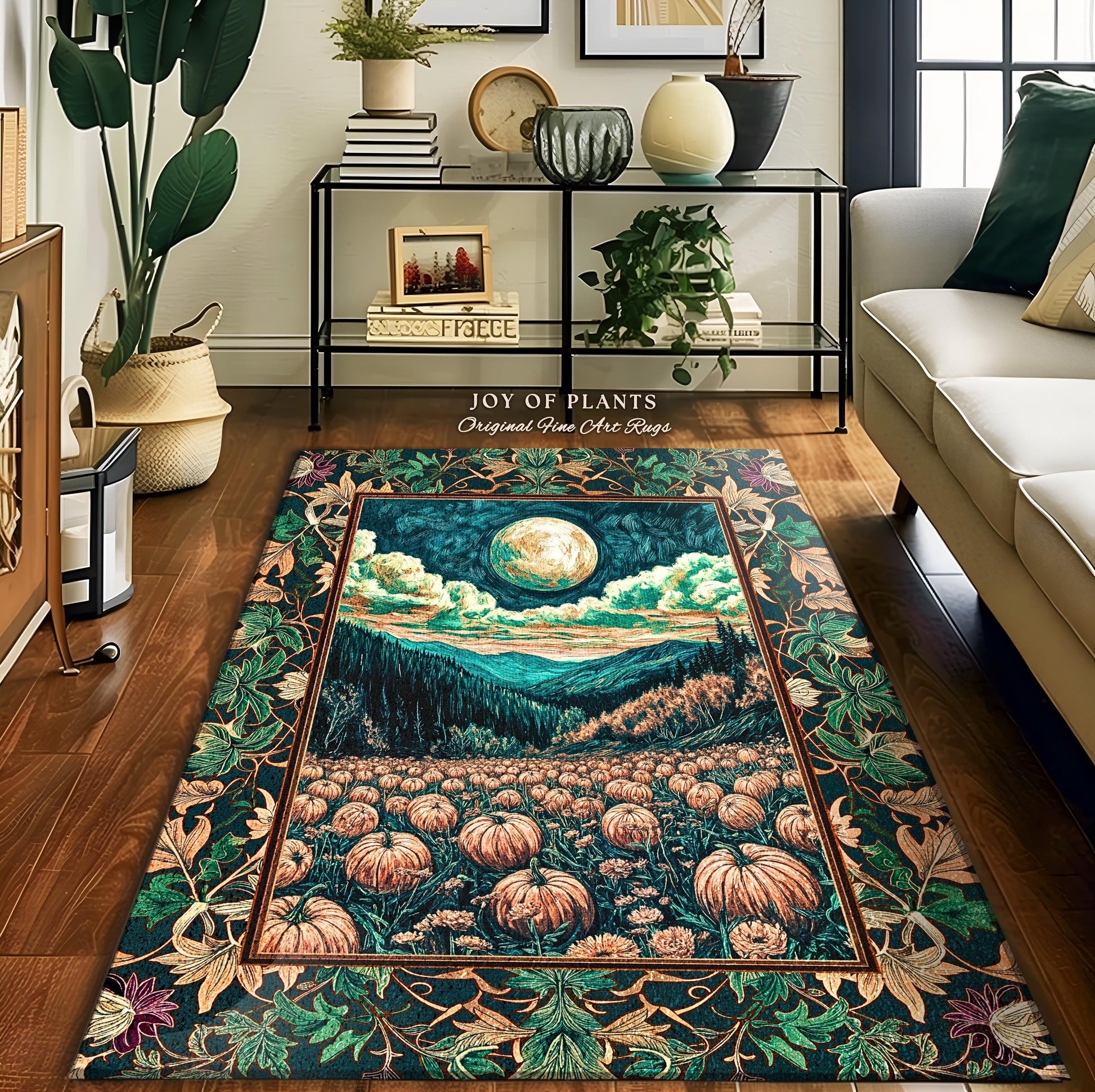 Elegant Harvest Moon Cozy Area Rug | Spooky Season Aesthetic Gothic Decor Whimsigoth Pumpkin Rustic Autumn Home Accent Witchy Landscape |