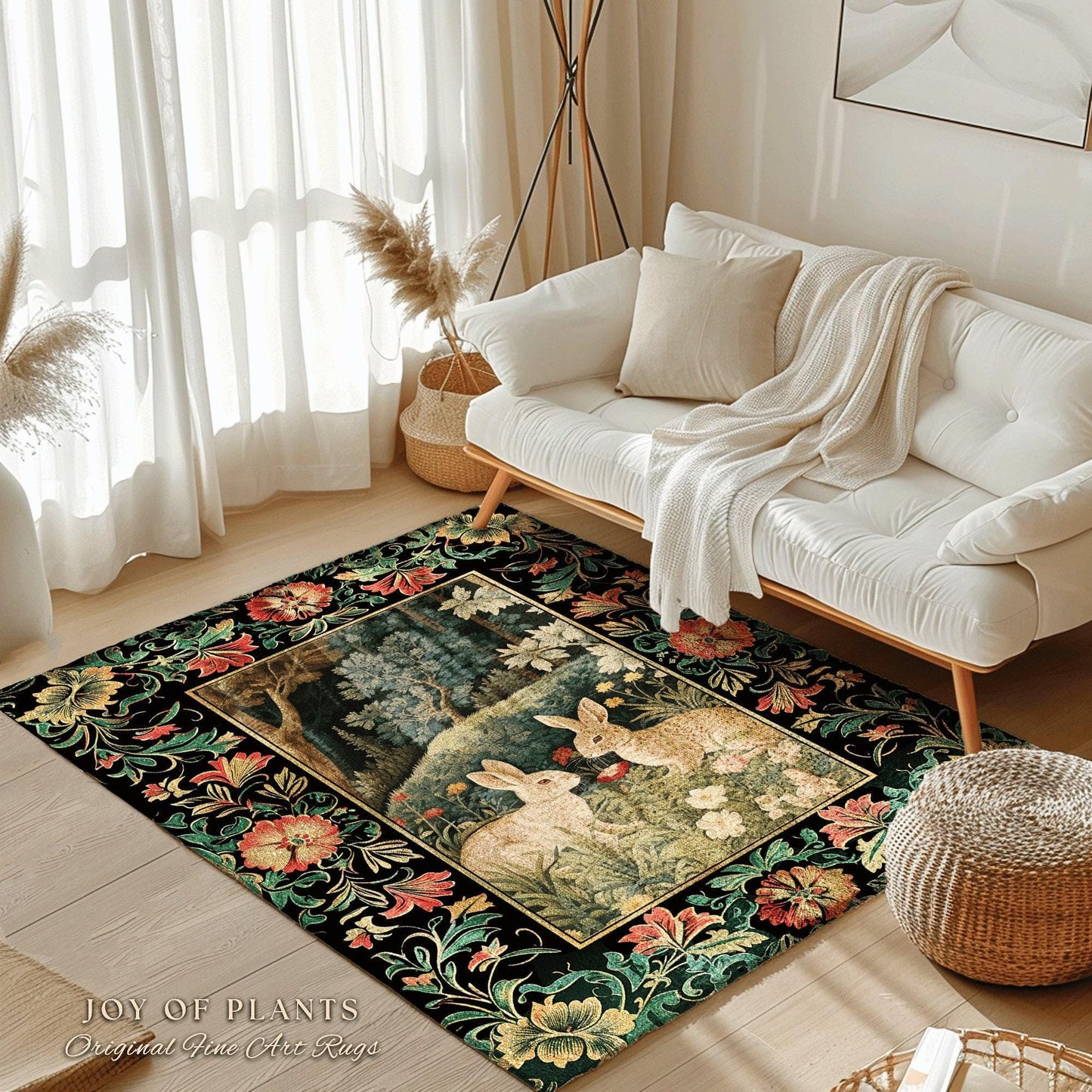 Botanical Bedroom Decor Round Bunny Rug Morris Inspired Cottagecore Light Academia Style Rug | Soft Aesthetic Victorian Floral Rabbit Rug