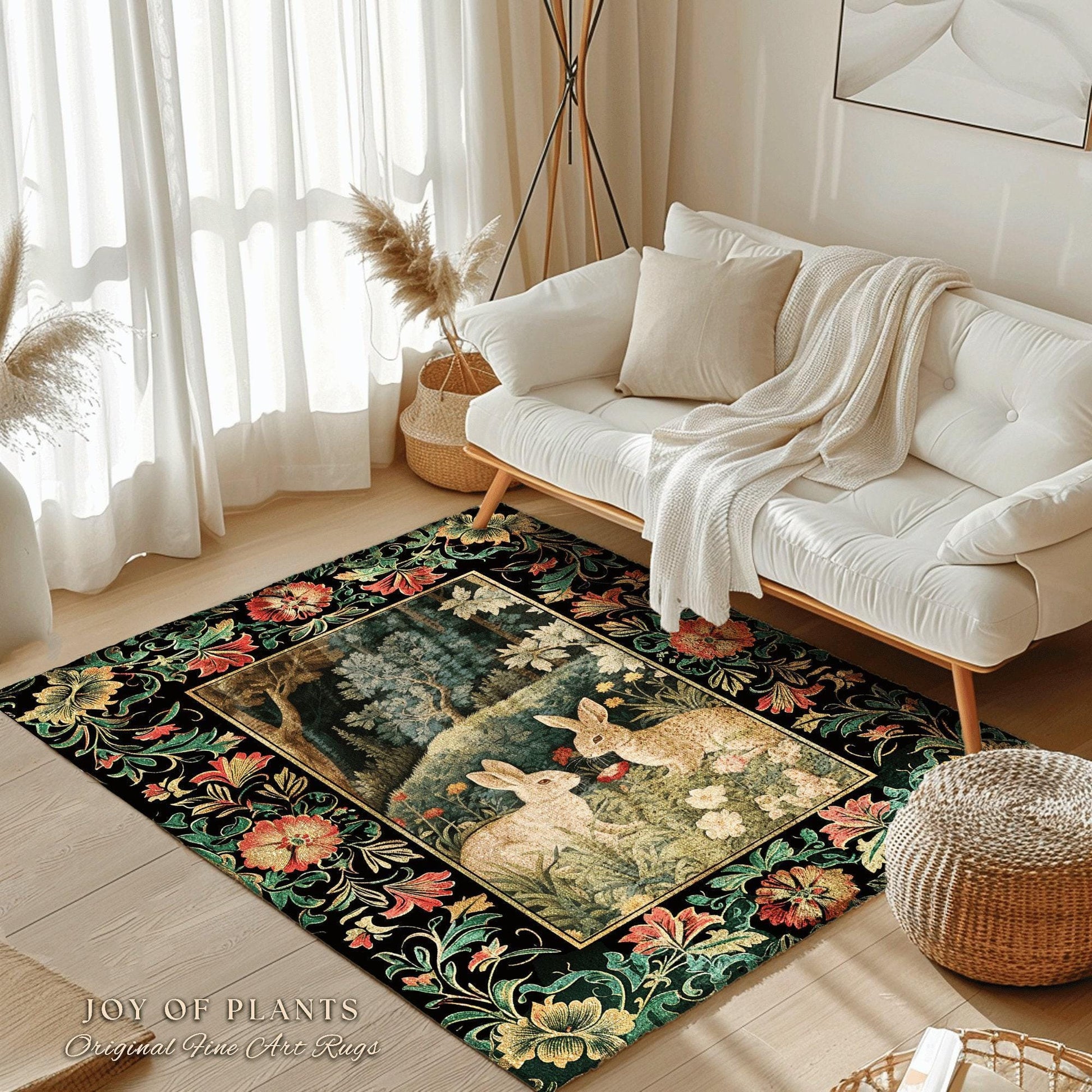 Botanical Bedroom Decor Round Bunny Rug Morris Inspired Cottagecore Light Academia Style Rug | Soft Aesthetic Victorian Floral Rabbit Rug