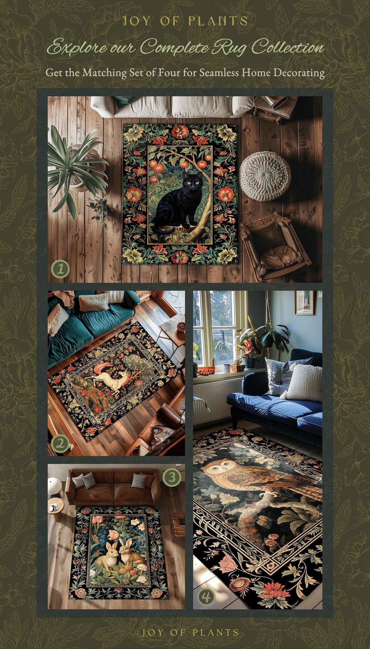 Bunnies in the Tulips Rug | Pastel Floral Bedroom Decor William Morris Inspired Cottagecore Room Light Academia Style Rug Mystical Home