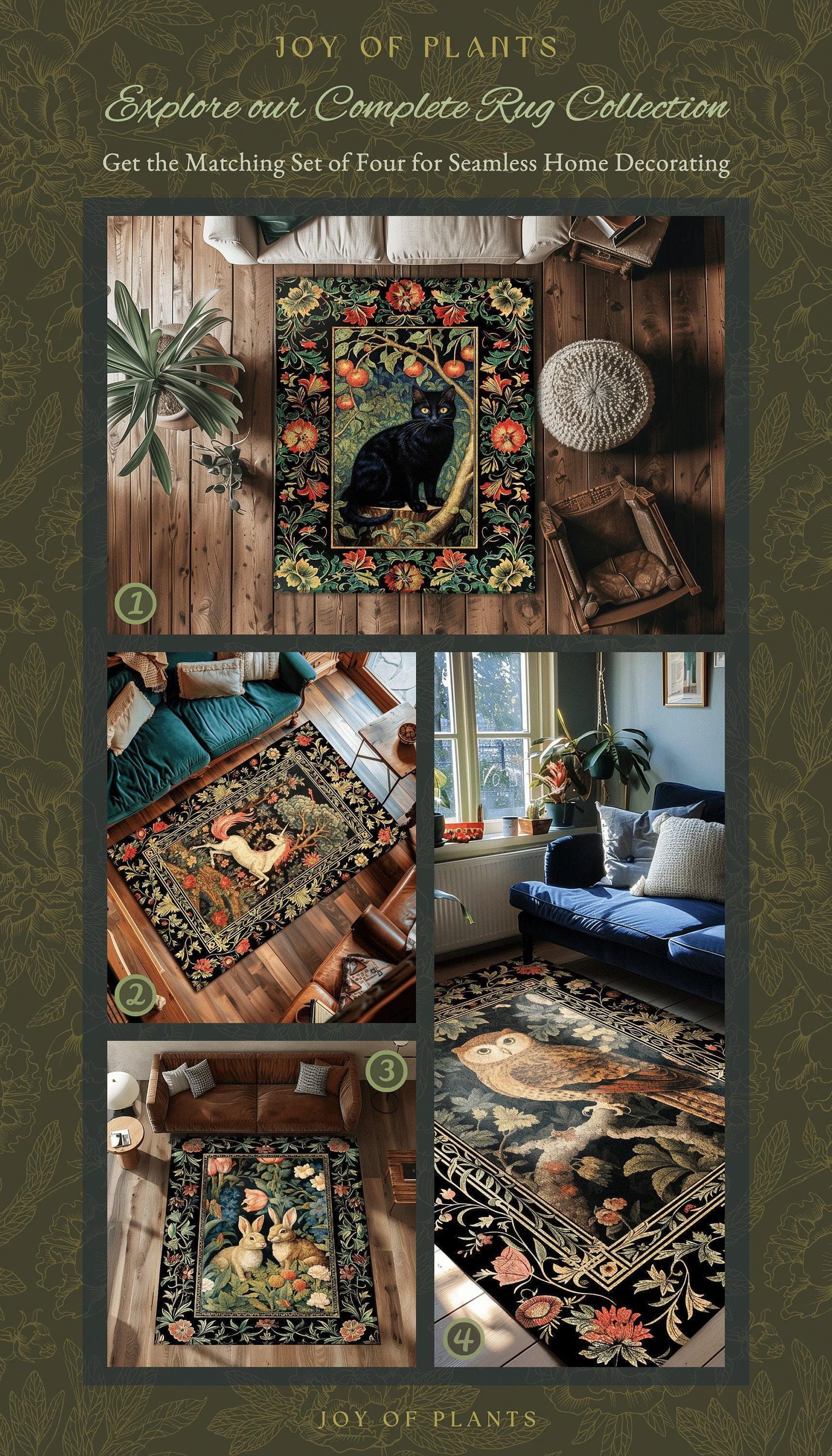 Bunnies in the Tulips Rug | Pastel Floral Bedroom Decor William Morris Inspired Cottagecore Room Light Academia Style Rug Mystical Home