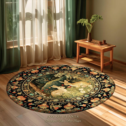 Botanical Bedroom Decor Round Bunny Rug Morris Inspired Cottagecore Light Academia Style Rug | Soft Aesthetic Victorian Floral Rabbit Rug