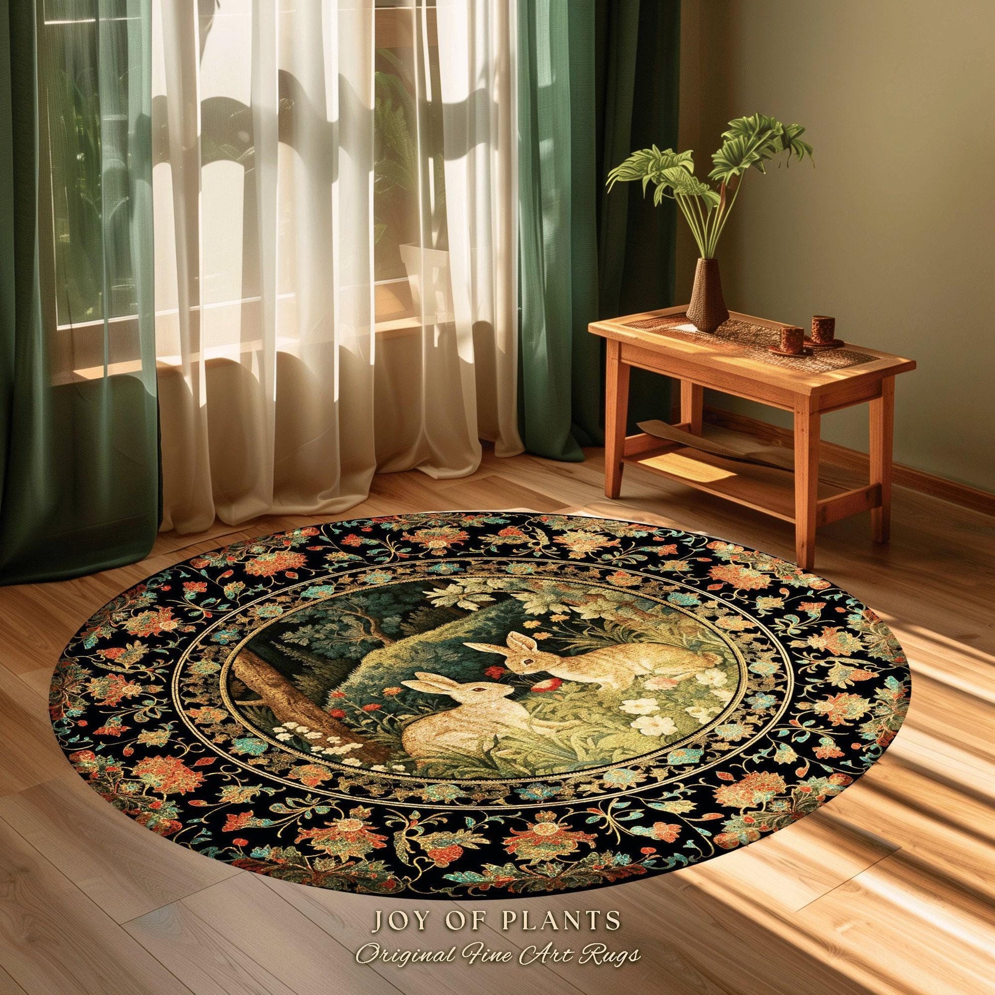 Botanical Bedroom Decor Round Bunny Rug Morris Inspired Cottagecore Light Academia Style Rug | Soft Aesthetic Victorian Floral Rabbit Rug