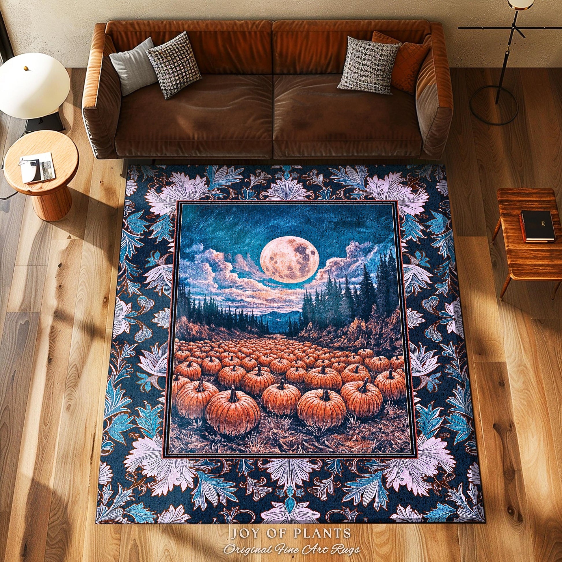 Soft Autumn Aesthetic Pumpkin Rug | Pastel Rustic Fall Bedroom Accent Decor Whimsigoth Full Moon Spooky Season Halloween Gothic Themed Dorm