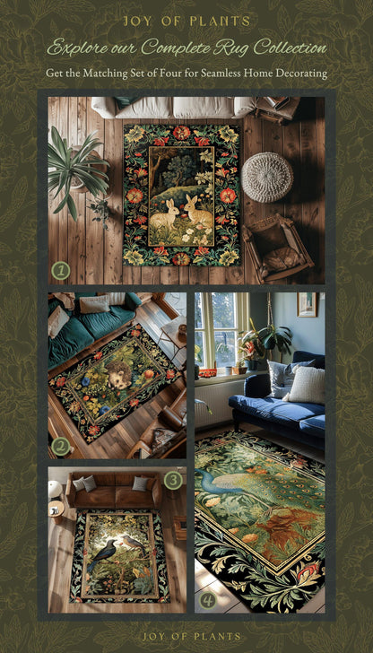 Botanical Bedroom Decor Round Bunny Rug Morris Inspired Cottagecore Light Academia Style Rug | Soft Aesthetic Victorian Floral Rabbit Rug