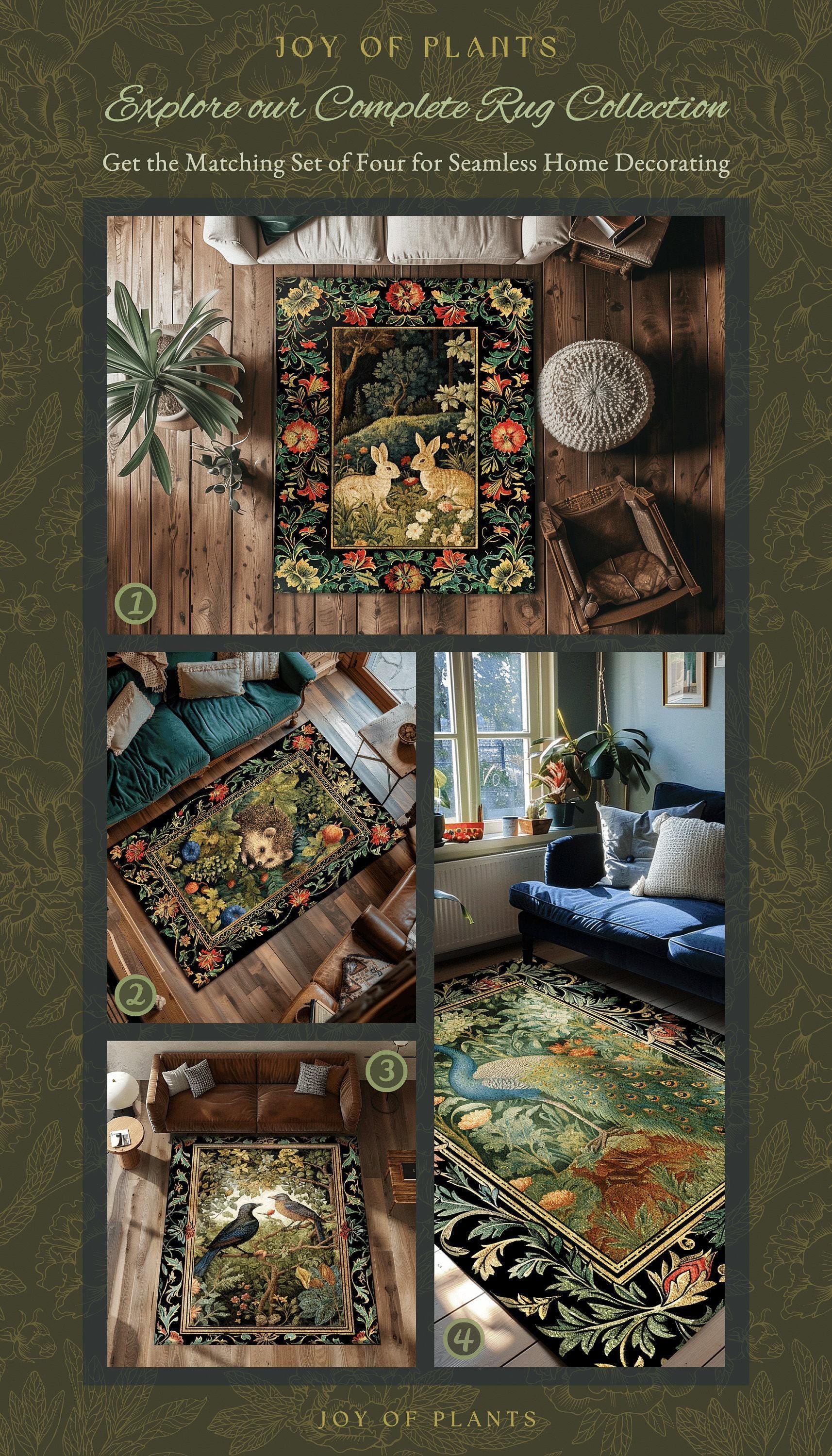 Botanical Bedroom Decor Round Bunny Rug Morris Inspired Cottagecore Light Academia Style Rug | Soft Aesthetic Victorian Floral Rabbit Rug