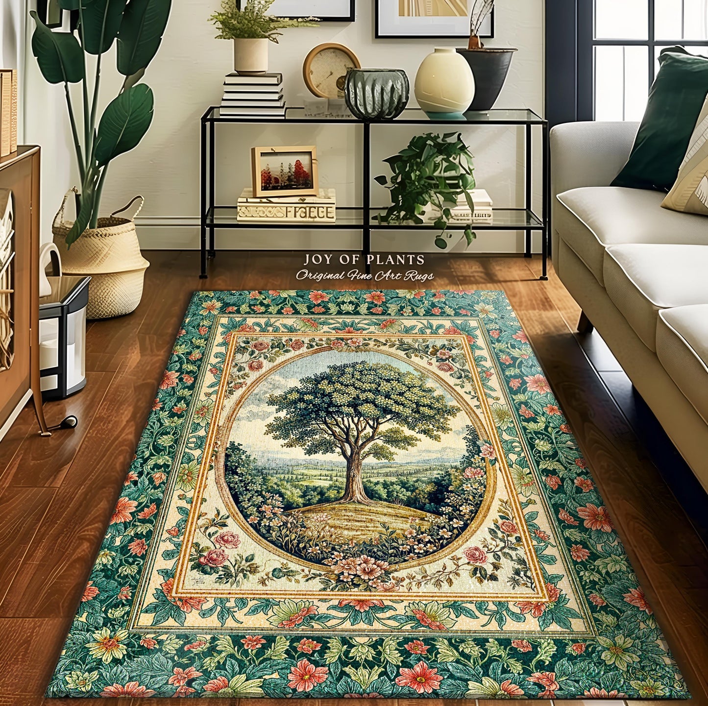 Romantic Ornate Botanical Countryside Rug | Victorian Antique Botanical Accent French Garden Style Chateau Floral Heritage Classical Decor
