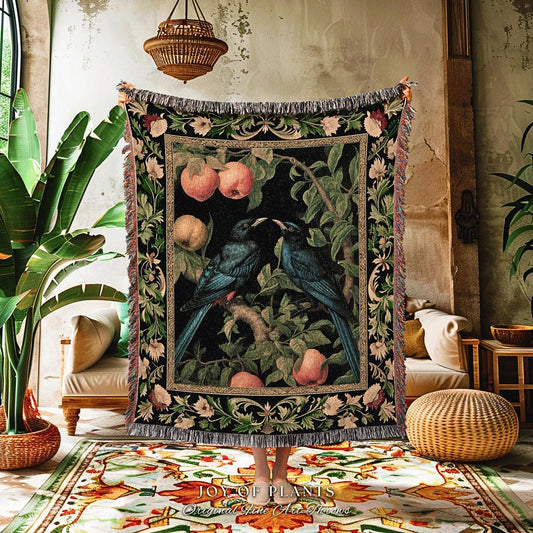 Cottagecore Forest Crow Blanket Gothic Woodland Decor | Raven Tapestry Woven Crowcore Throw Blanket Whimsigothic Dark Botanical Room Decor