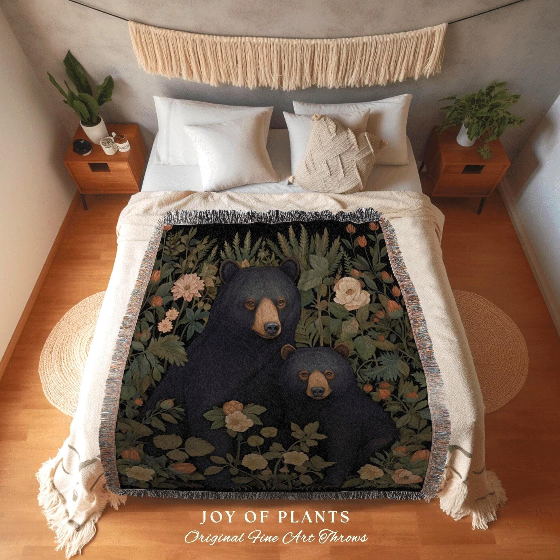 Bear Blanket Woven Tapestry | Woven Fringe Blanket Tapestry William Morris Tapestry Morris Decor Bear Couple Blanket Woodland Cottagecore |