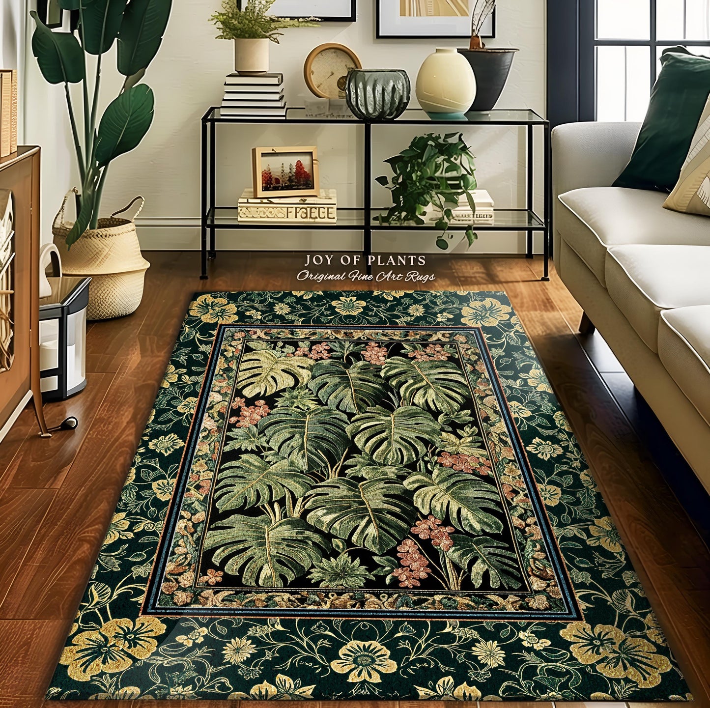 May include: A green and black area rug with a floral border and a central design of large green leaves. The rug is called "Joy of Plants" and is described as an "Original Fine Art Rug".