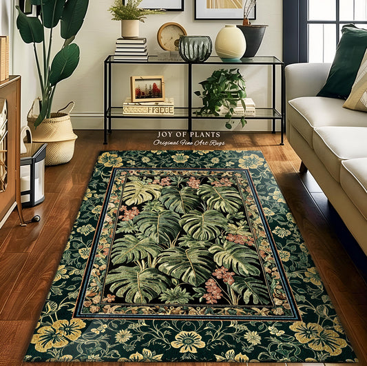 May include: A green and black area rug with a floral border and a central design of large green leaves. The rug is called "Joy of Plants" and is described as an "Original Fine Art Rug".