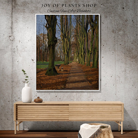 May include: A framed landscape art print depicts a path through a tree-lined park. The artwork features a pathway with a bench, surrounded by tall trees with brown and green foliage. The text "JOY OF PLANTS SHOP" and "Custom Fine Art Blankets" is visible.