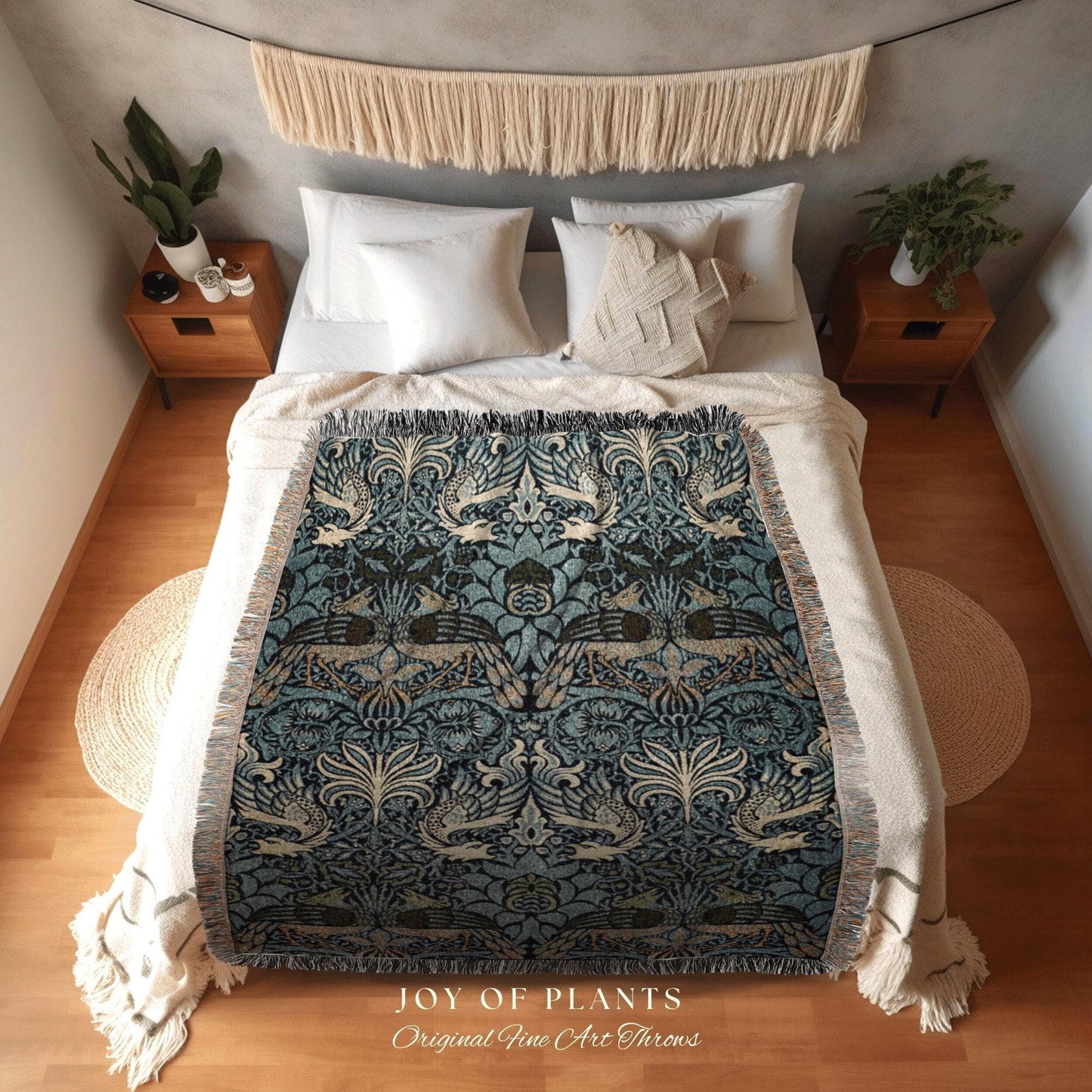 William Morris Tapestry Woven Throw Blanket | Cobalt Blue Throw Blanket William Morris Wall Tapestry | Art Nouveau Decor Woven Throw Blanket