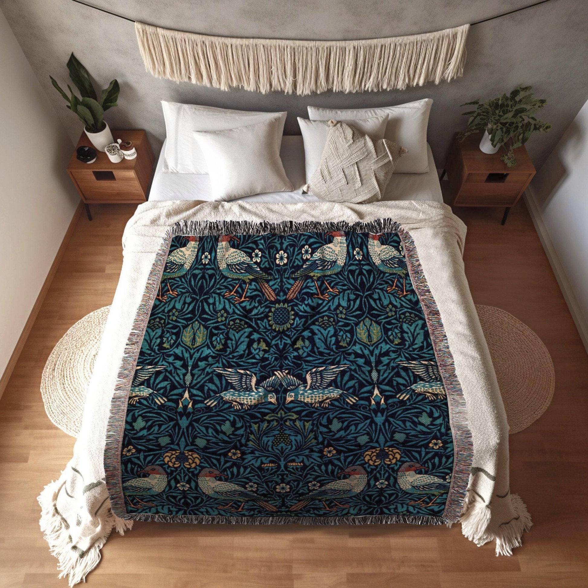 William Morris Tapestry Woven Throw Blanket | Navy Blue Throw Blanket | William Morris Wall Tapestry Woven Blanket Art Nouveau Decor