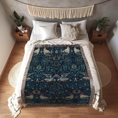 William Morris Tapestry Woven Throw Blanket | Navy Blue Throw Blanket | William Morris Wall Tapestry Woven Blanket Art Nouveau Decor