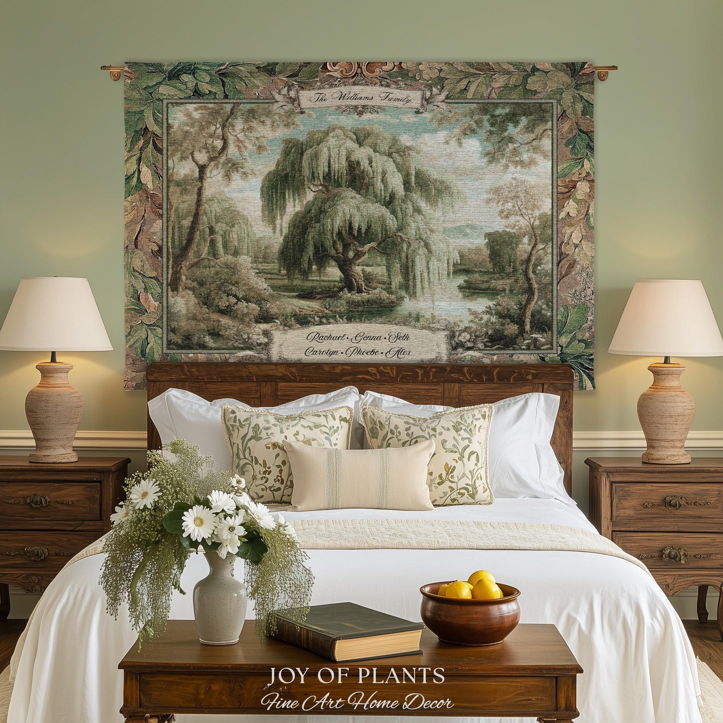 Heirloom Style Custom Weeping Willow Verdure Family Tree Woven Tapestry, Romantic Countryside Wall Hanging Generational Heritage Textile Art