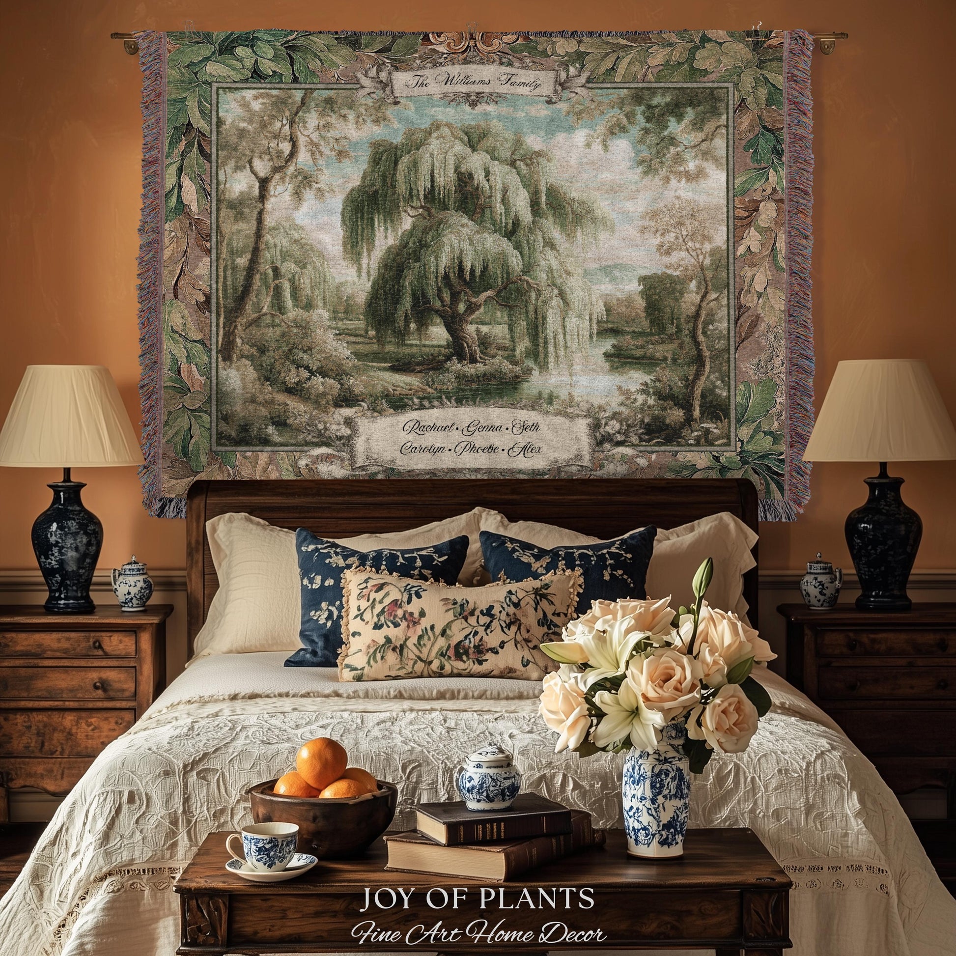 Heirloom Style Custom Weeping Willow Verdure Family Tree Woven Tapestry, Romantic Countryside Wall Hanging Generational Heritage Textile Art
