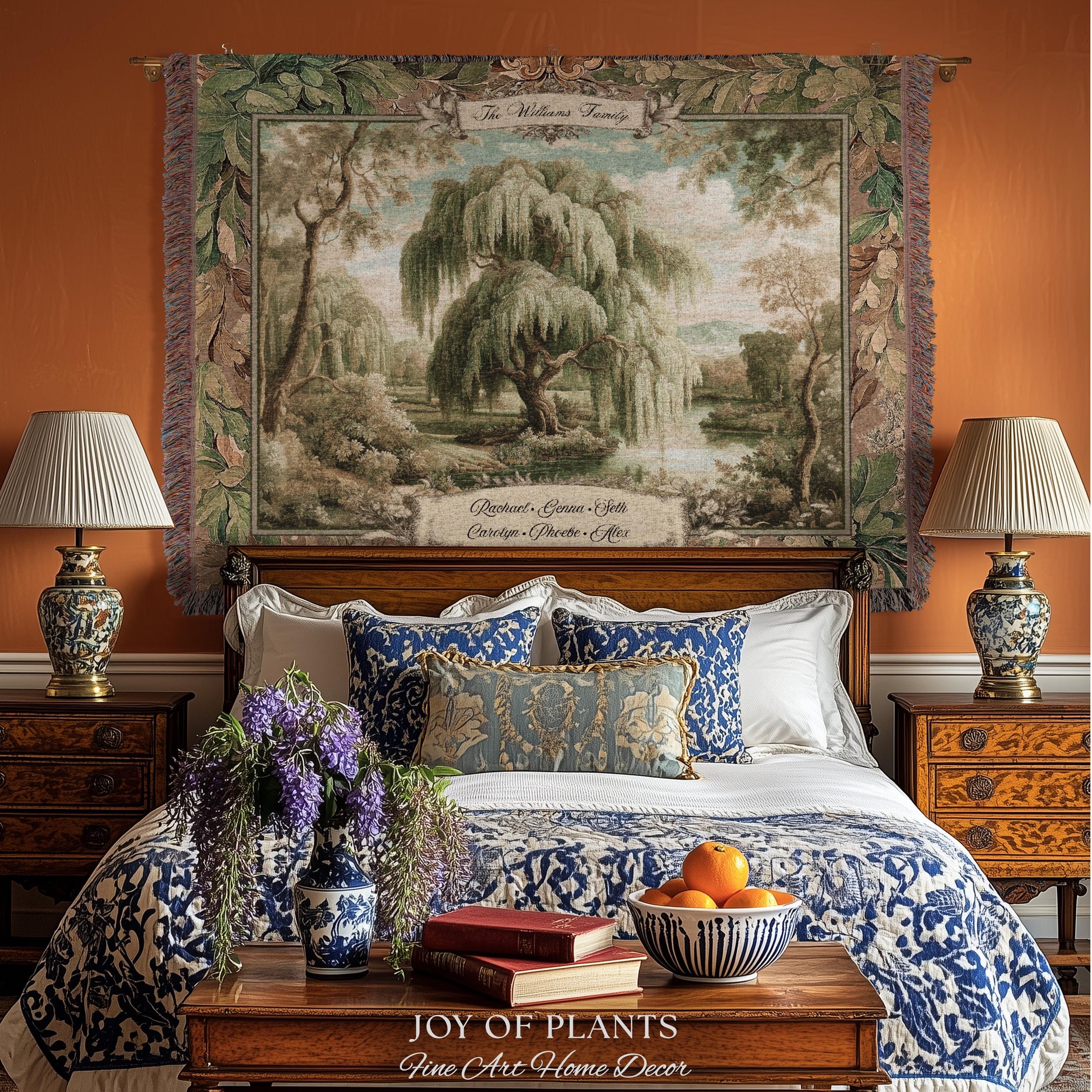 Heirloom Style Custom Weeping Willow Verdure Family Tree Woven Tapestry, Romantic Countryside Wall Hanging Generational Heritage Textile Art