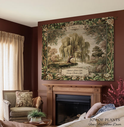 Rustic Elegance Whimsical Willow Tree Personalized Family Name Tapestry Throw | Botanical Cottagecore Custom Heritage Woven Blanket Wall Art