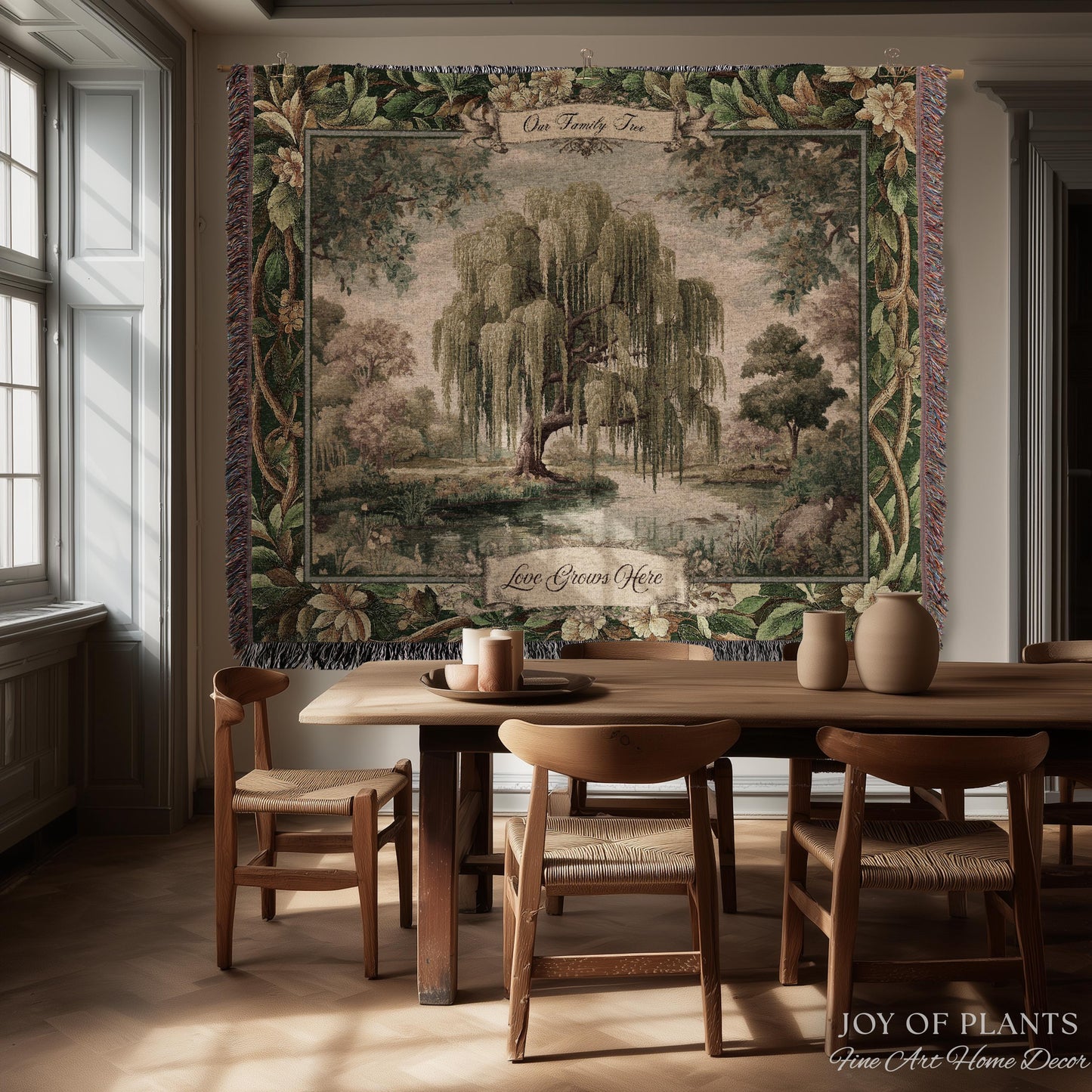 Rustic Elegance Whimsical Willow Tree Personalized Family Name Tapestry Throw | Botanical Cottagecore Custom Heritage Woven Blanket Wall Art