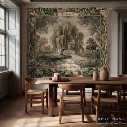 Rustic Elegance Whimsical Willow Tree Personalized Family Name Tapestry Throw | Botanical Cottagecore Custom Heritage Woven Blanket Wall Art