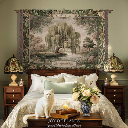 Rustic Elegance Whimsical Willow Tree Personalized Family Name Tapestry Throw | Botanical Cottagecore Custom Heritage Woven Blanket Wall Art