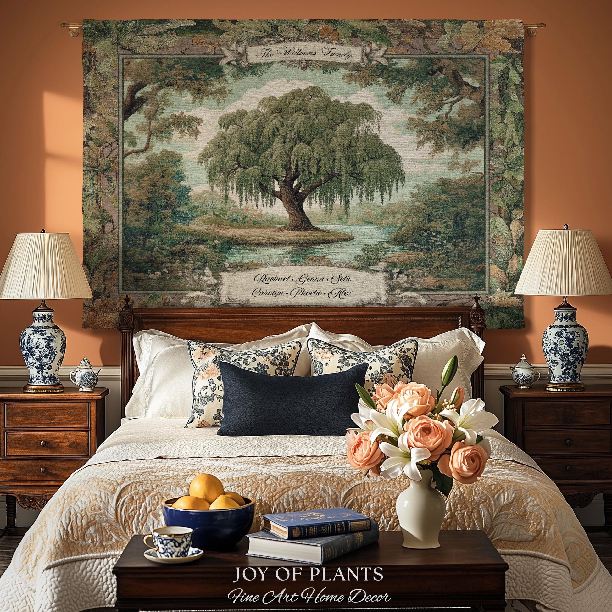 Pastoral Family Tree Wall Tapestry Custom Keepsake Gift | Personalized Heritage Blanket Woven Jacquard Verdure Classical Weeping Willow Art