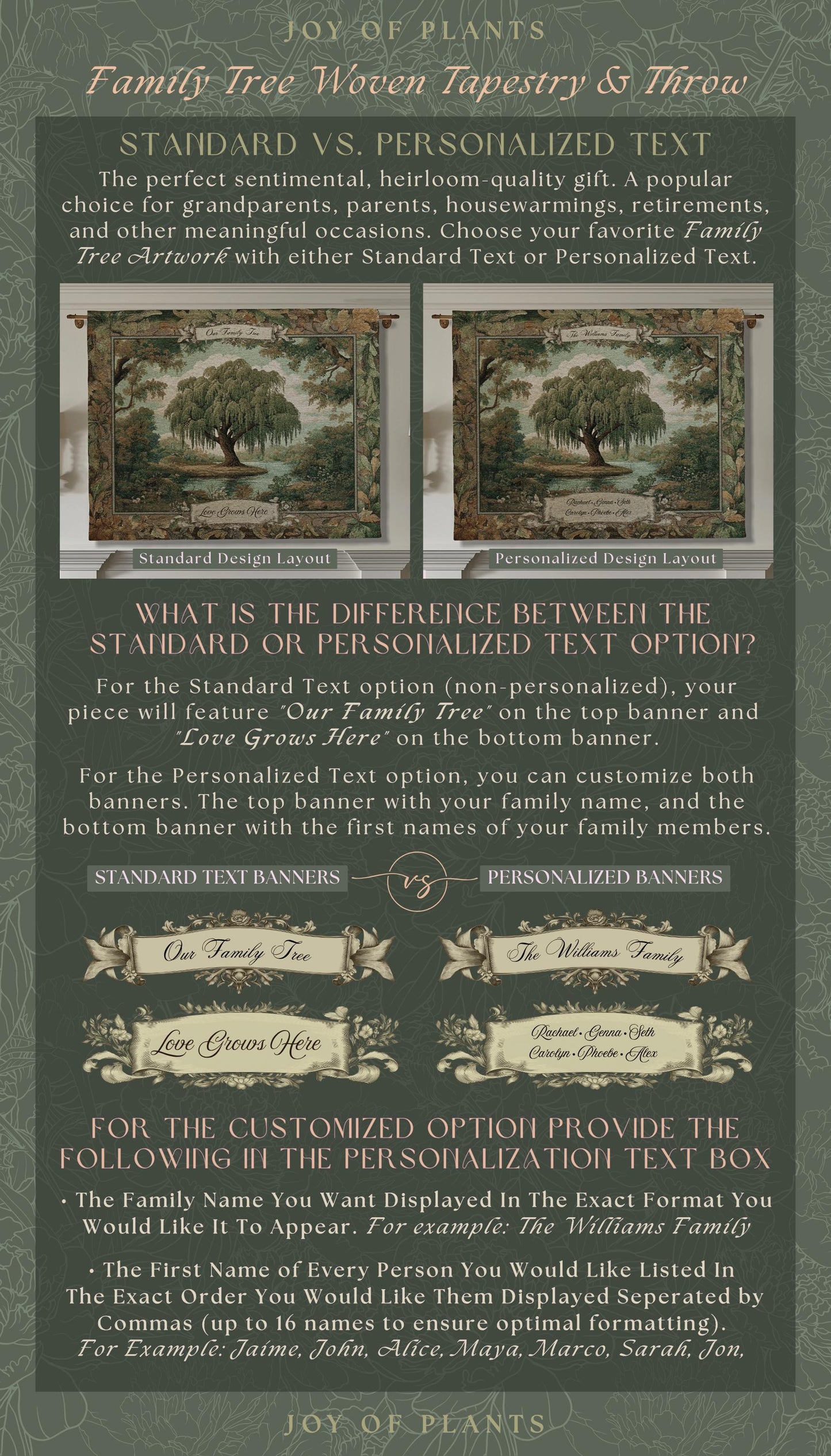 Pastoral Family Tree Wall Tapestry Custom Keepsake Gift | Personalized Heritage Blanket Woven Jacquard Verdure Classical Weeping Willow Art