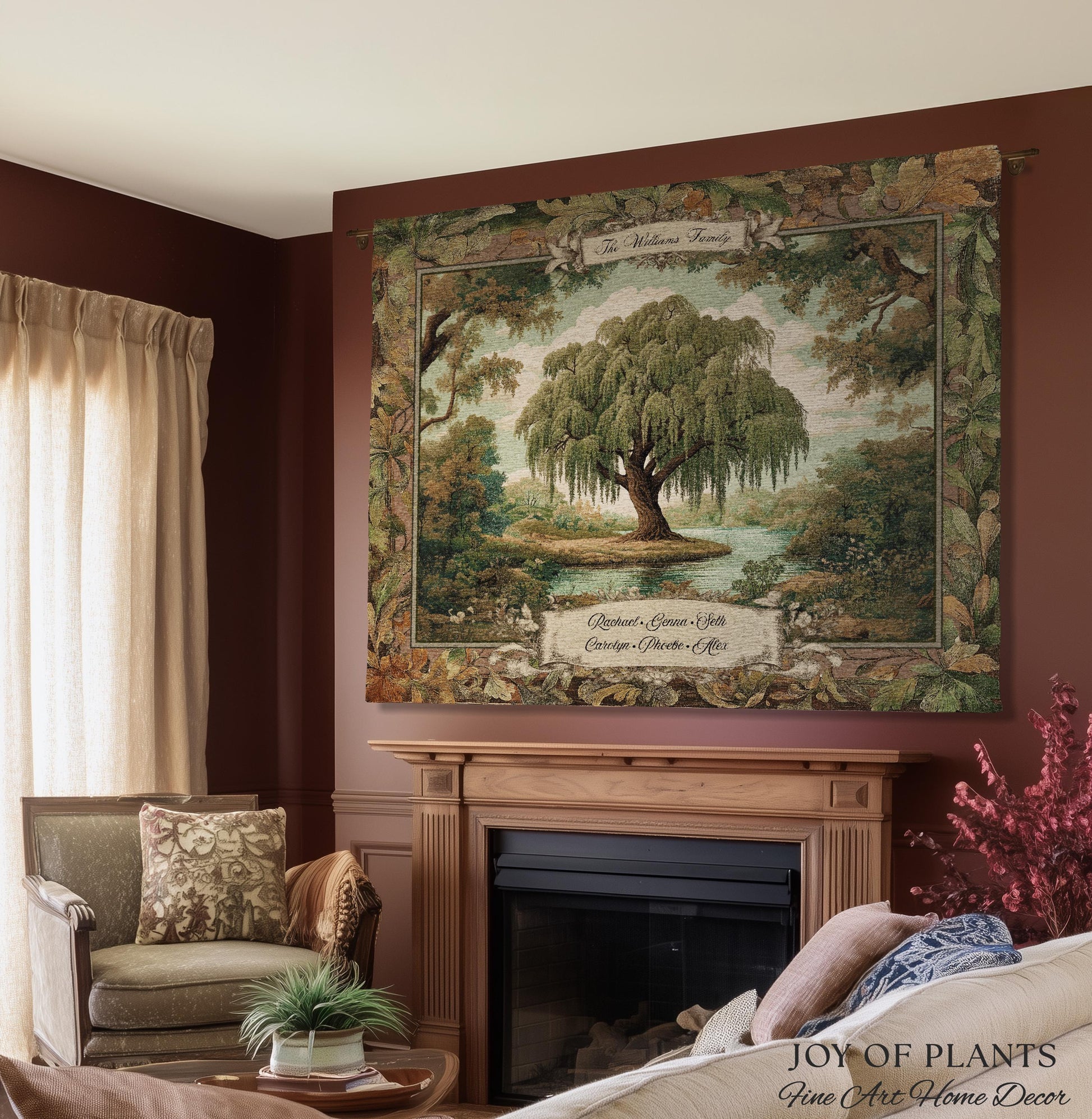 Pastoral Family Tree Wall Tapestry Custom Keepsake Gift | Personalized Heritage Blanket Woven Jacquard Verdure Classical Weeping Willow Art