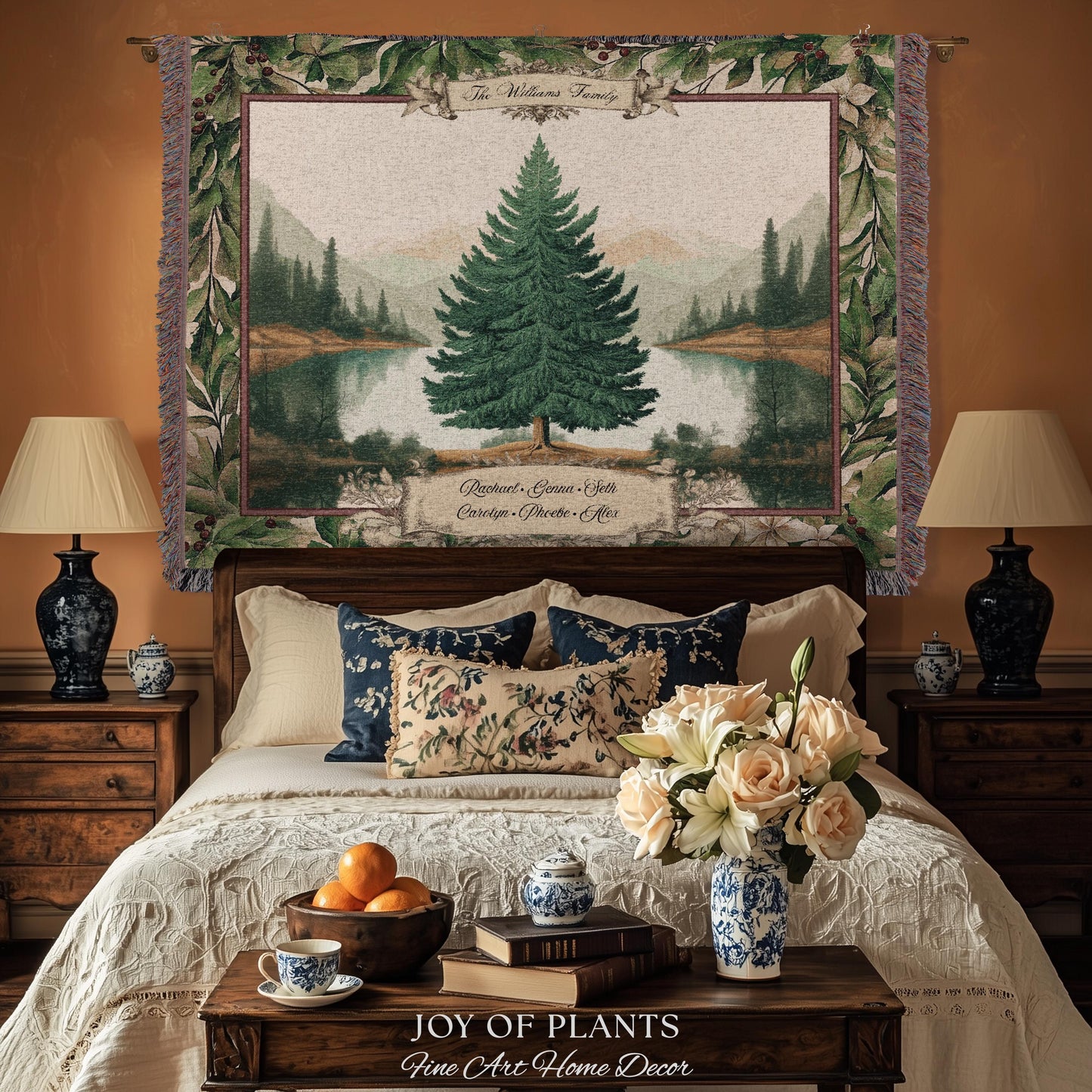 Nostalgic Holiday Tree Tapestry Custom Family Name | Personalized Pine Tree Rust Elegance Christmas Traditional Home Meaningful Woven Throw