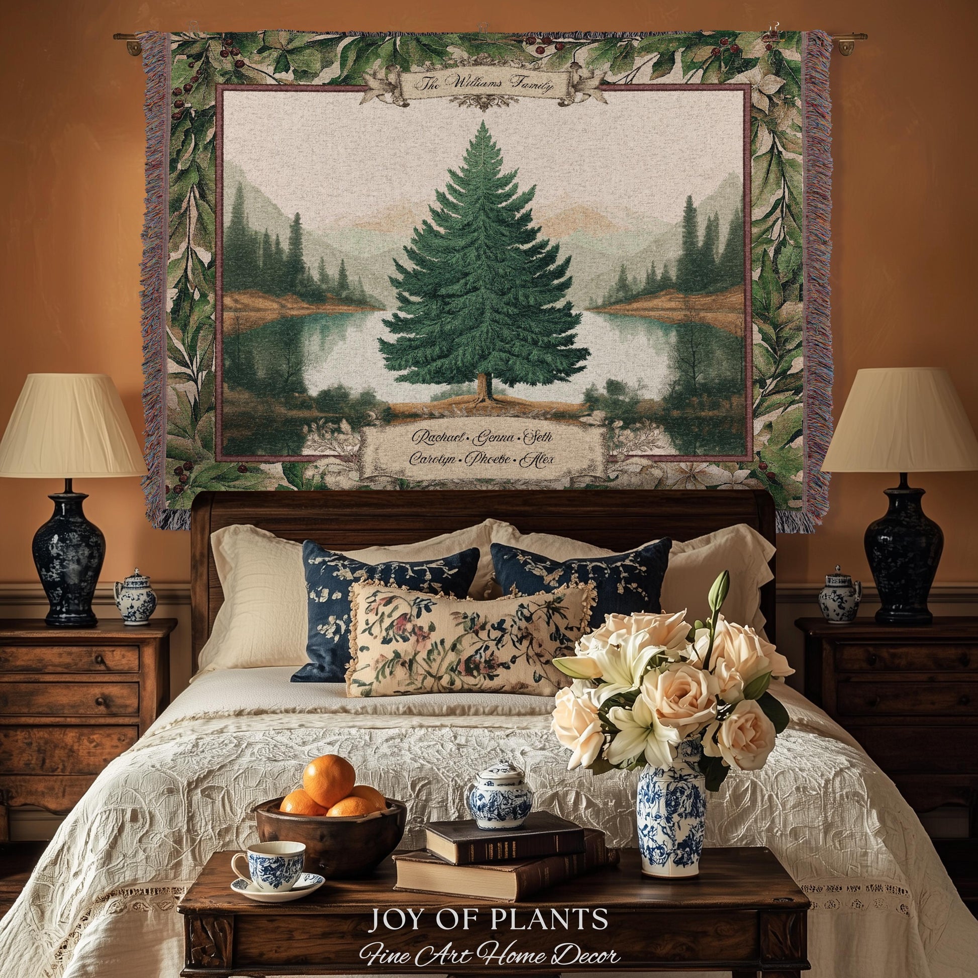 Nostalgic Holiday Tree Tapestry Custom Family Name | Personalized Pine Tree Rust Elegance Christmas Traditional Home Meaningful Woven Throw