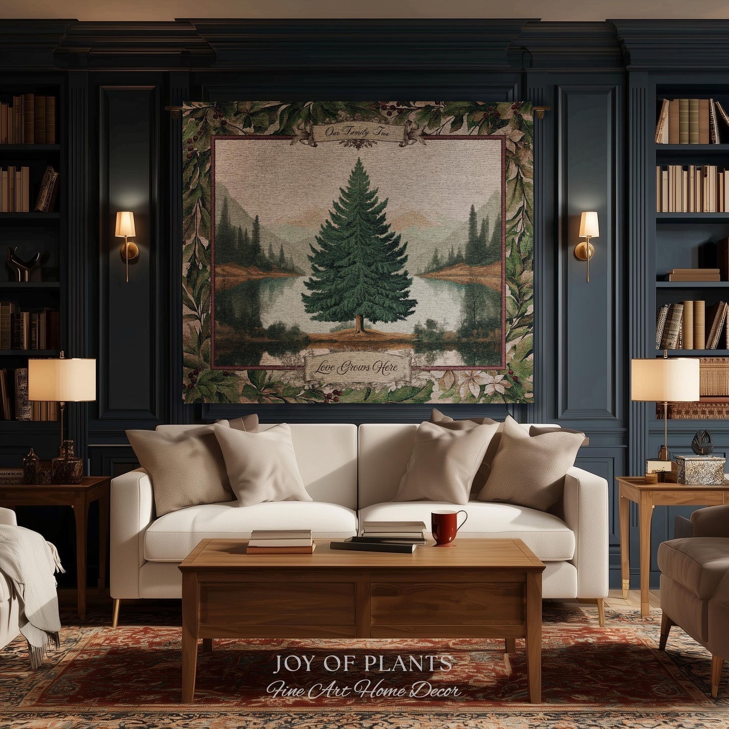 Nostalgic Holiday Tree Tapestry Custom Family Name | Personalized Pine Tree Rust Elegance Christmas Traditional Home Meaningful Woven Throw