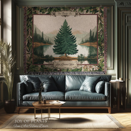 Nostalgic Holiday Tree Tapestry Custom Family Name | Personalized Pine Tree Rust Elegance Christmas Traditional Home Meaningful Woven Throw